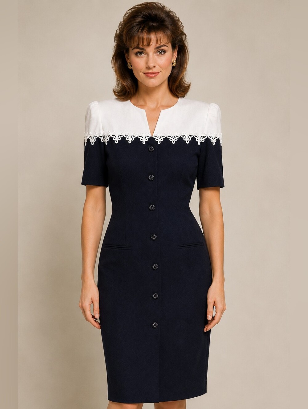 Vintage 90s Leslie Fay Navy White Soutache Trim Sheath Dress NWT Size 14 USA